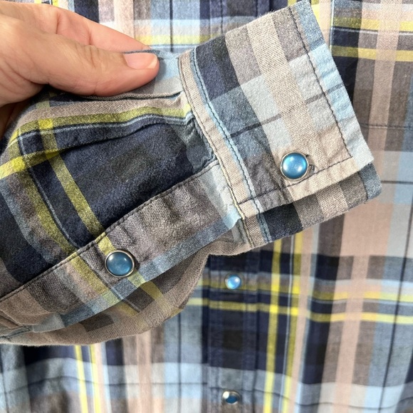 Prana cotton blue plaid button up shirt, Med, blue iridescent snaps, Western - Picture 5 of 8